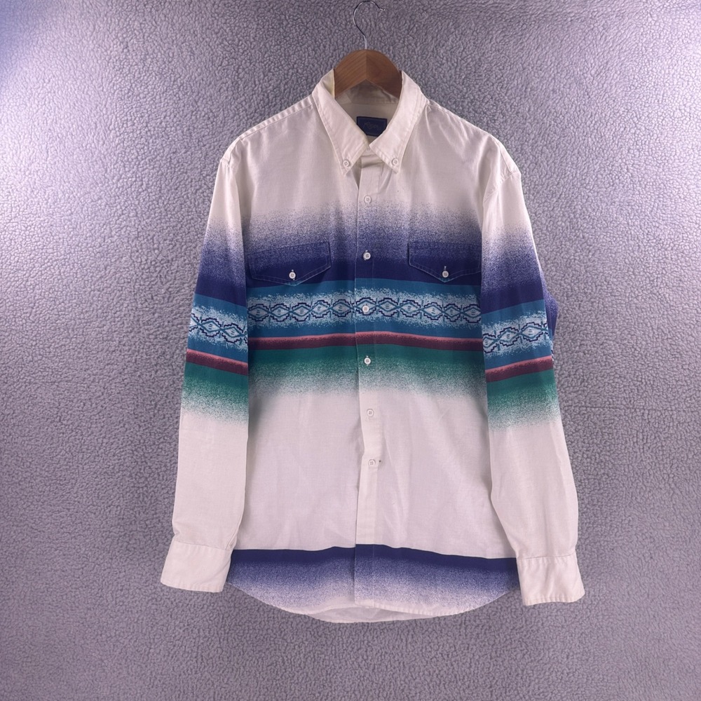 Vintage Roper Mens XL Southwestern Western Shirt White Blue Geometric Print
